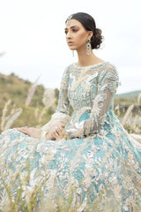 Pakistani Teal Blue Hand-Embellished Net Gown (3-Piece) - Image 8