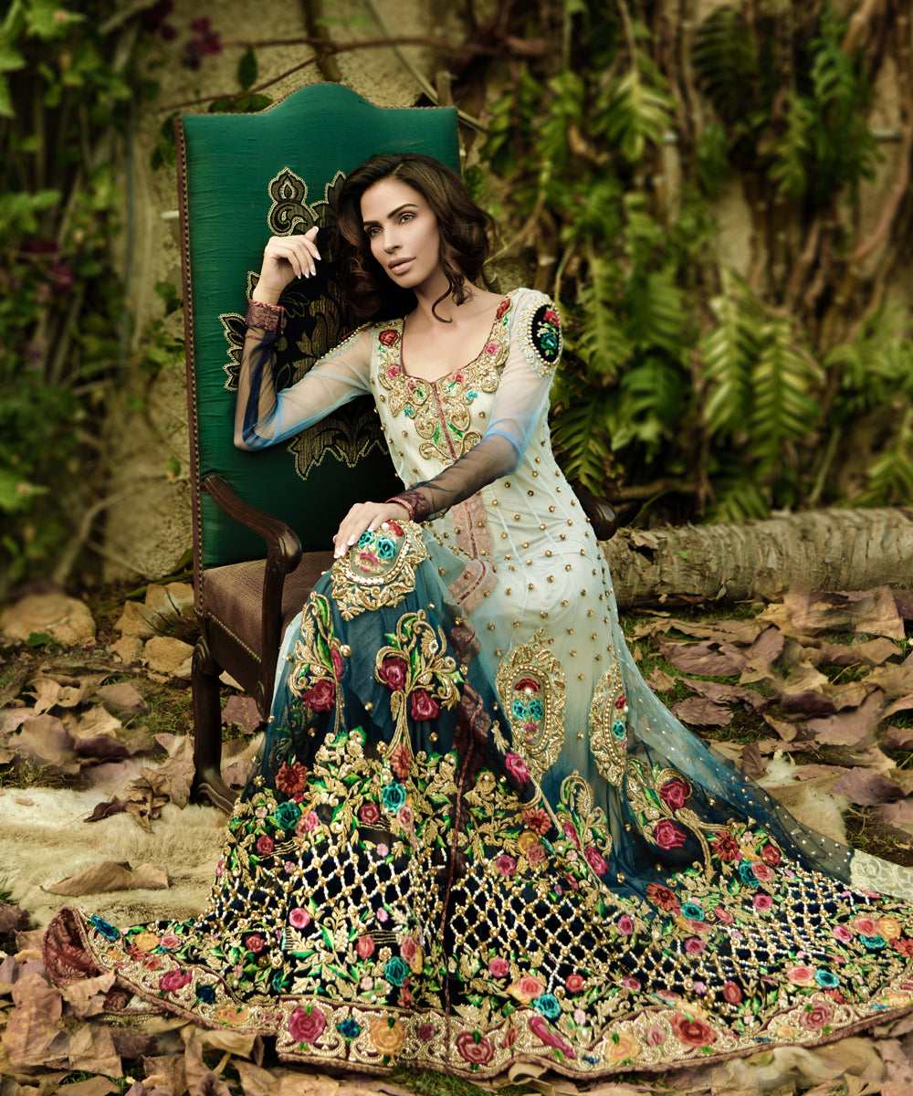 Teal and Ivory Embroidered Net Bridal Maxi (1-Pc) - Image 1