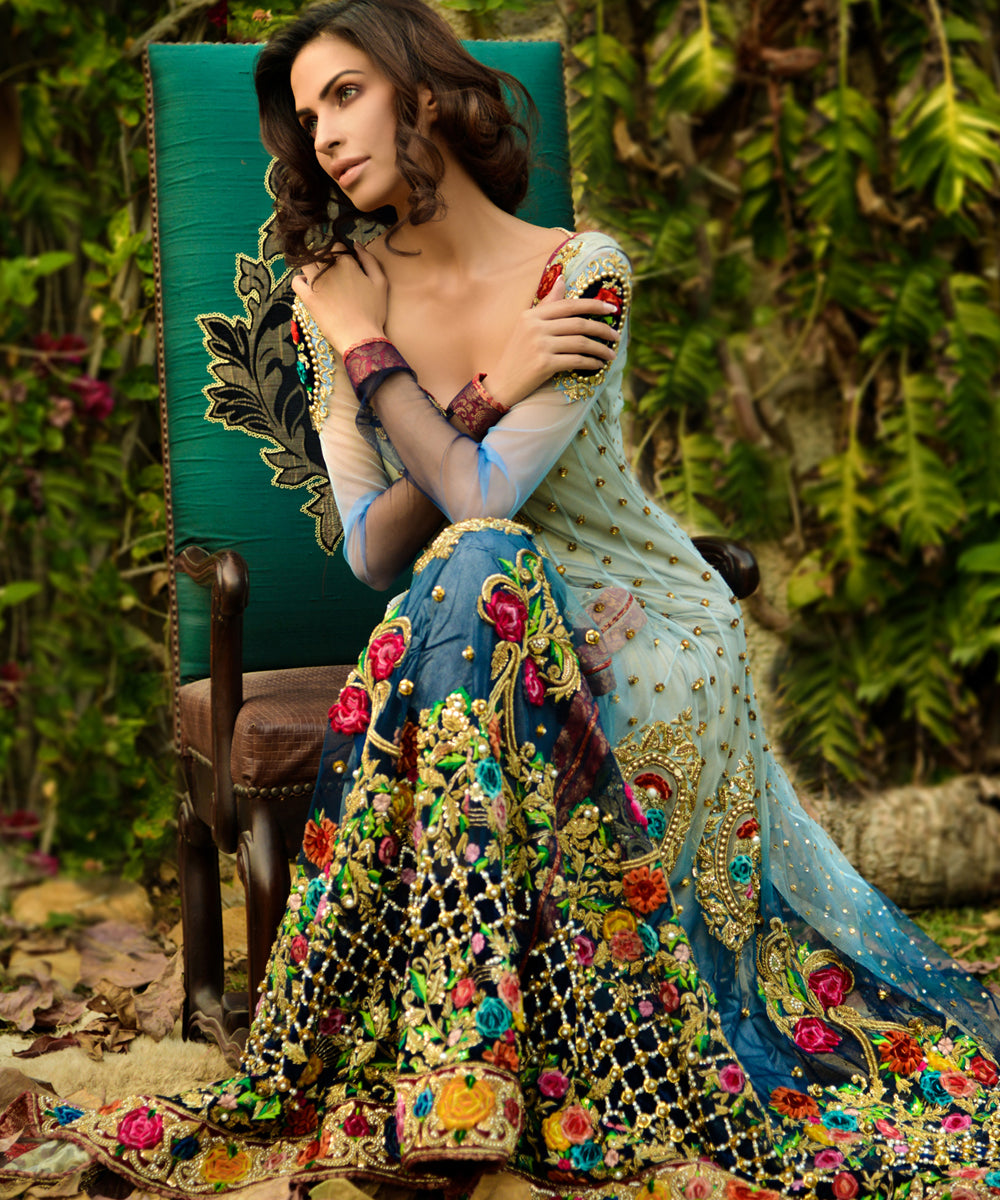 Teal and Ivory Embroidered Net Bridal Maxi (1-Pc) - Image 2