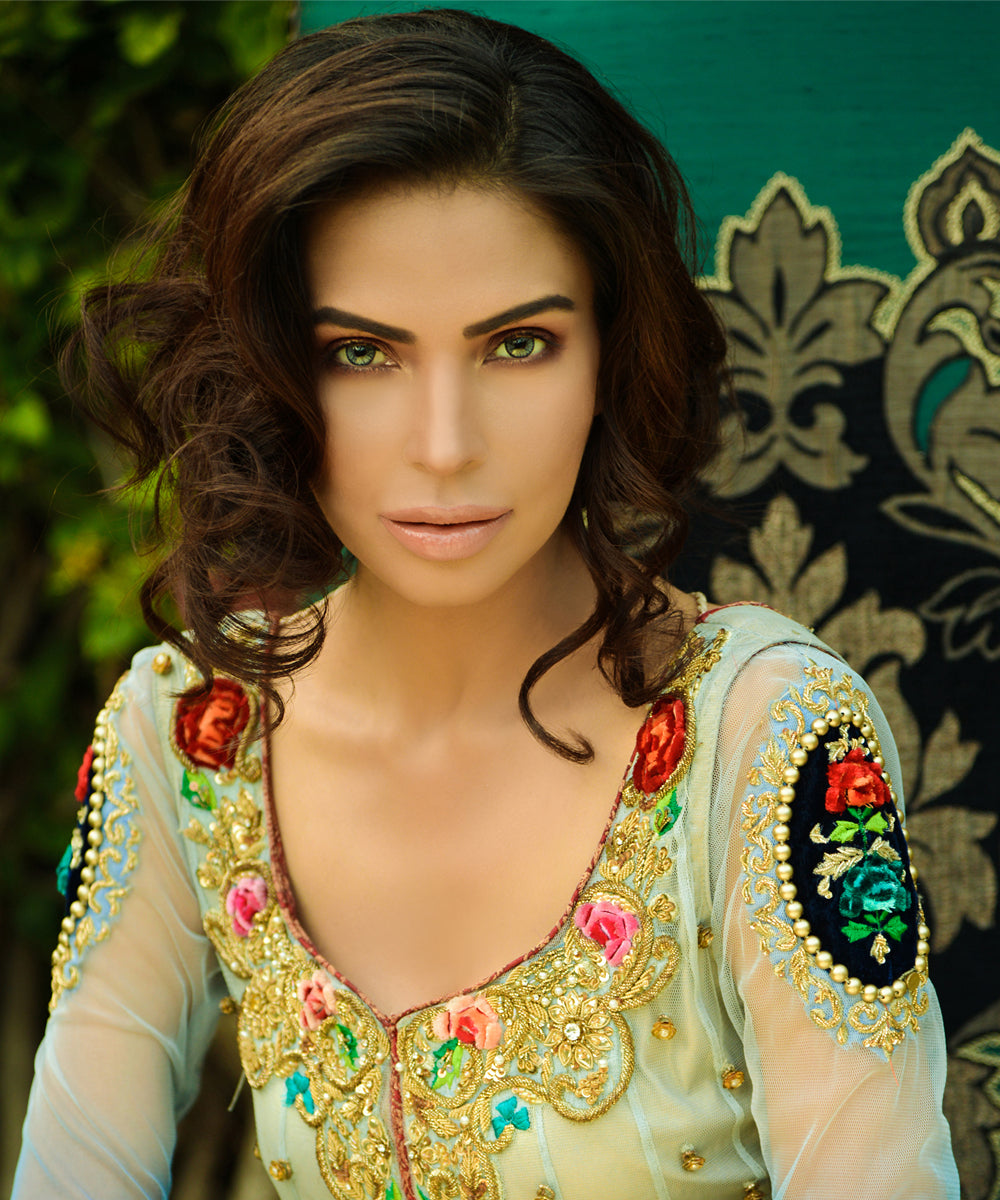 Teal and Ivory Embroidered Net Bridal Maxi (1-Pc) - Image 3