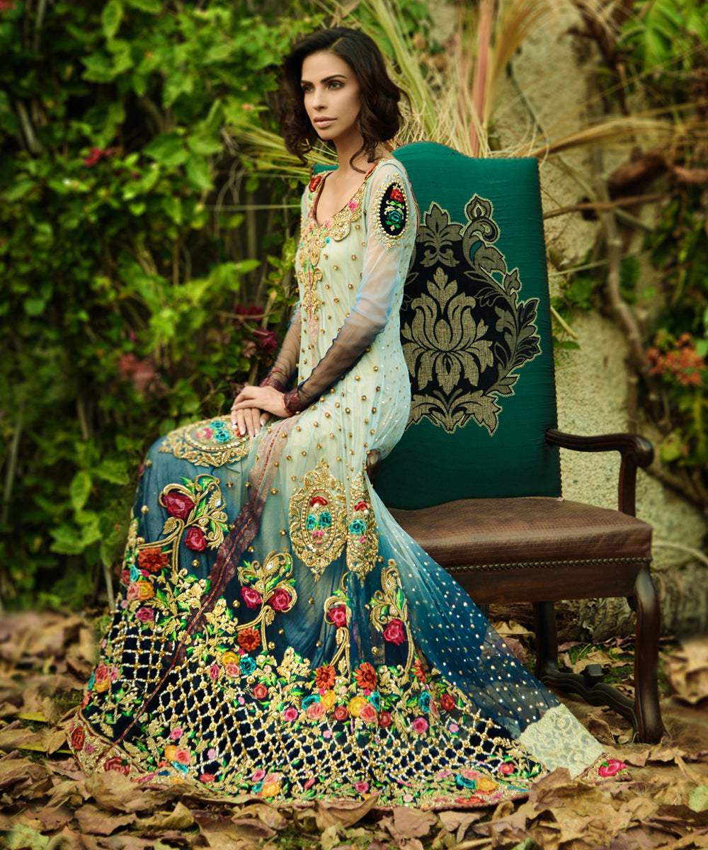 Teal and Ivory Embroidered Net Bridal Maxi (1-Pc) - Image 4