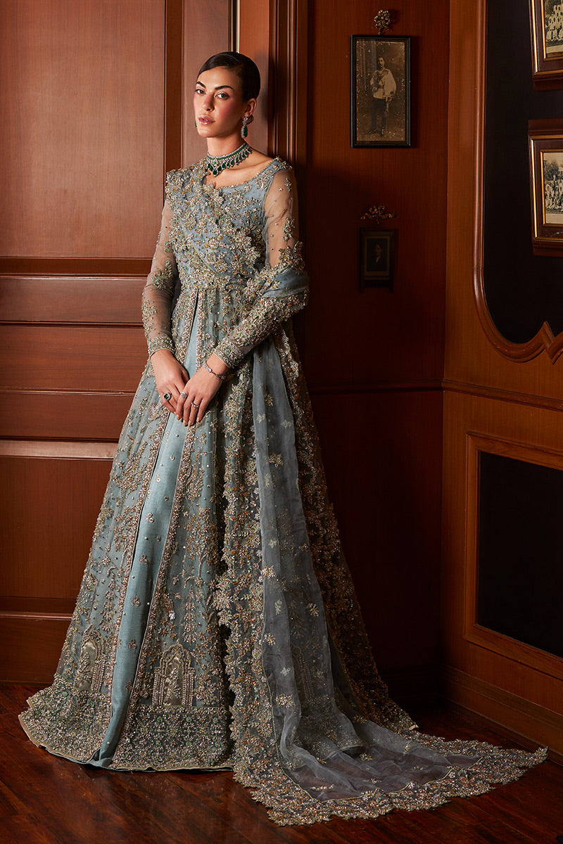 Teal Blue Embroidered Net Bridal Gown (2-Piece) - Image 1