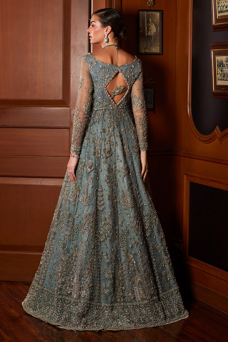 Teal Blue Embroidered Net Bridal Gown (2-Piece) - Image 2