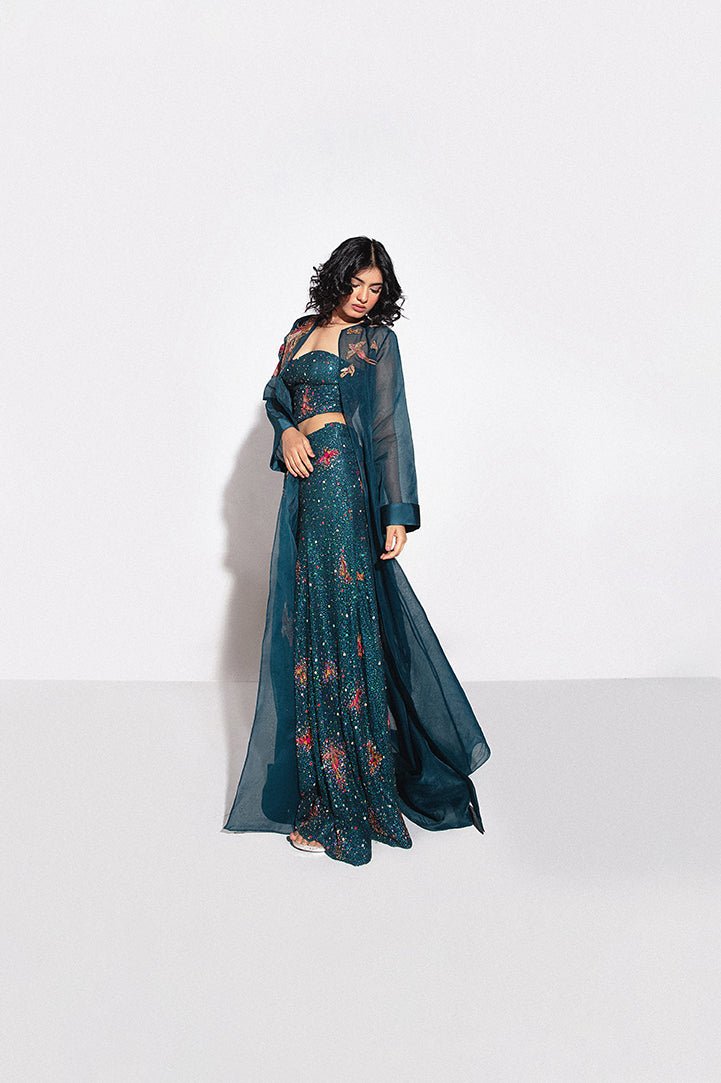 Teal Embroidered Net & Organza Gown (2-Piece) - Image 1