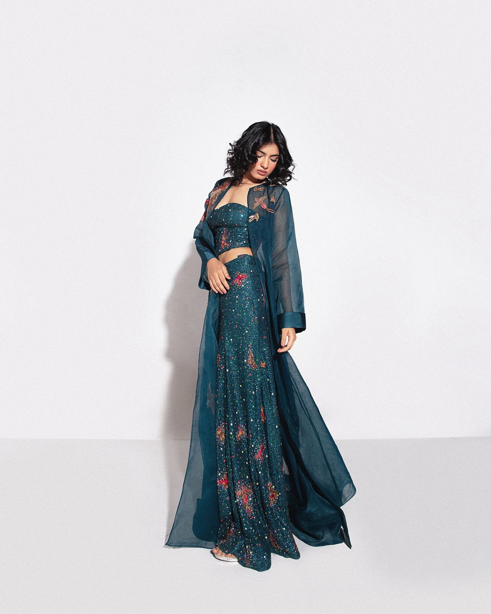 Teal Embroidered Net & Organza Gown (2-Piece) - Image 3