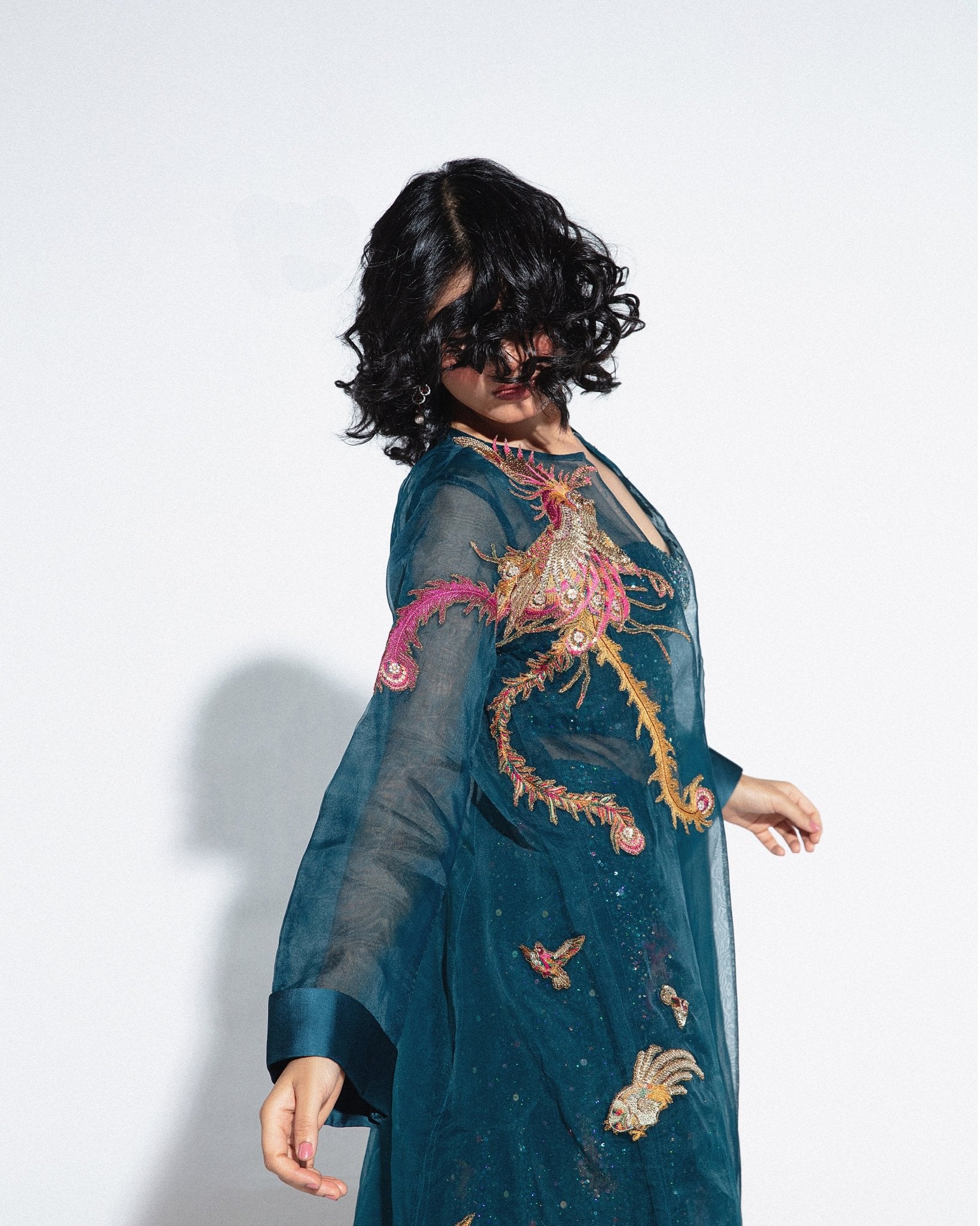 Teal Embroidered Net & Organza Gown (2-Piece) - Image 4