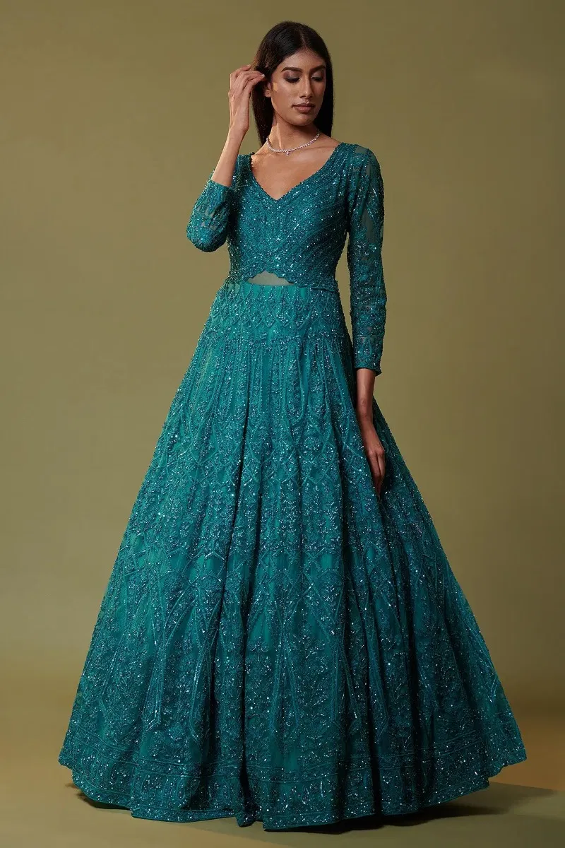 Indian Teal Blue Embellished Net Bridal Gown (1-Pc) - Image 1