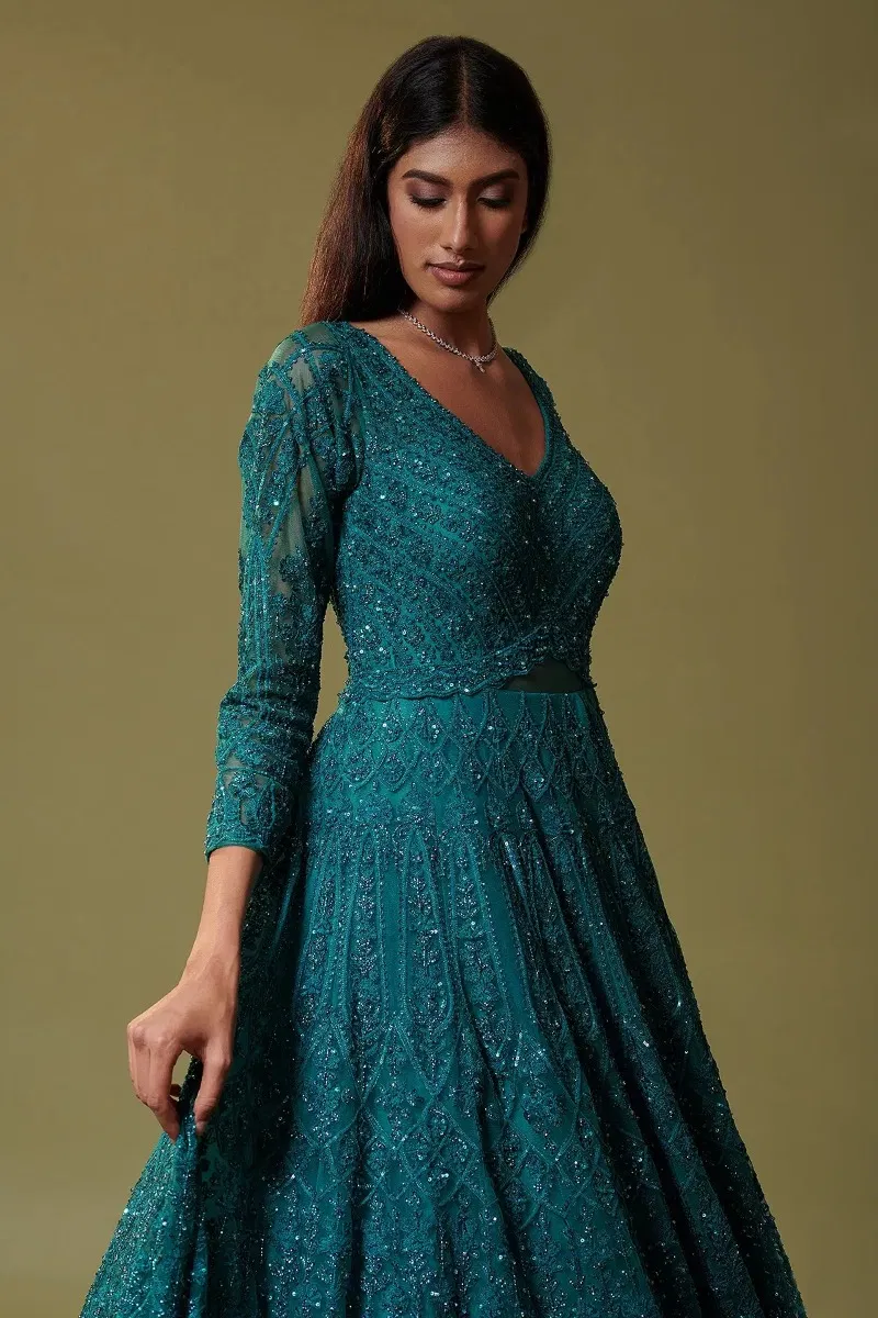 Indian Teal Blue Embellished Net Bridal Gown (1-Pc) - Image 2
