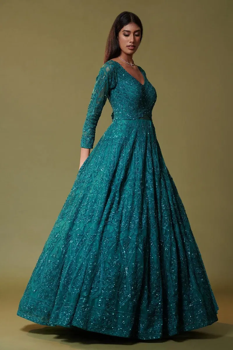 Indian Teal Blue Embellished Net Bridal Gown (1-Pc) - Image 3