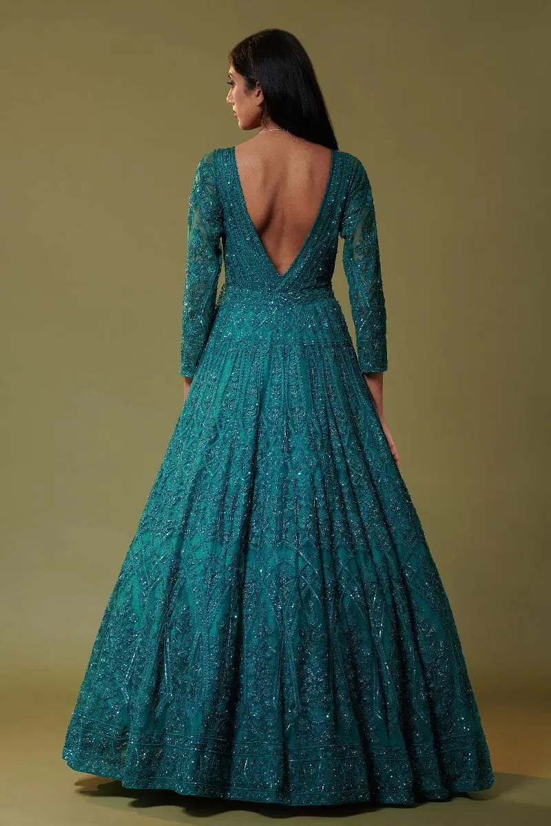 Indian Teal Blue Embellished Net Bridal Gown (1-Pc) - Image 4