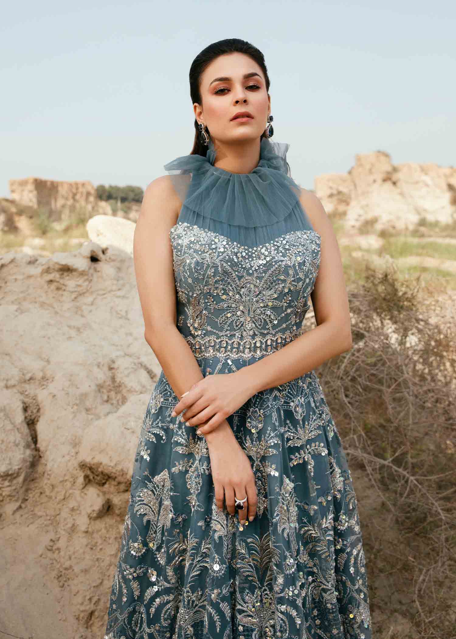 Teal Embroidered Net Formal Gown (2-Piece) - Image 1