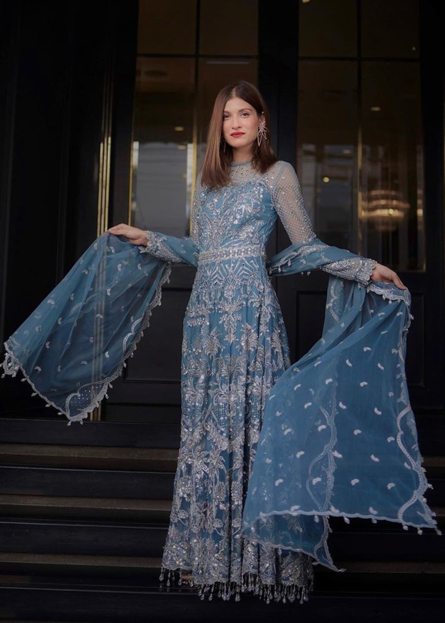 Teal Embroidered Net Formal Gown (2-Piece) - Image 2