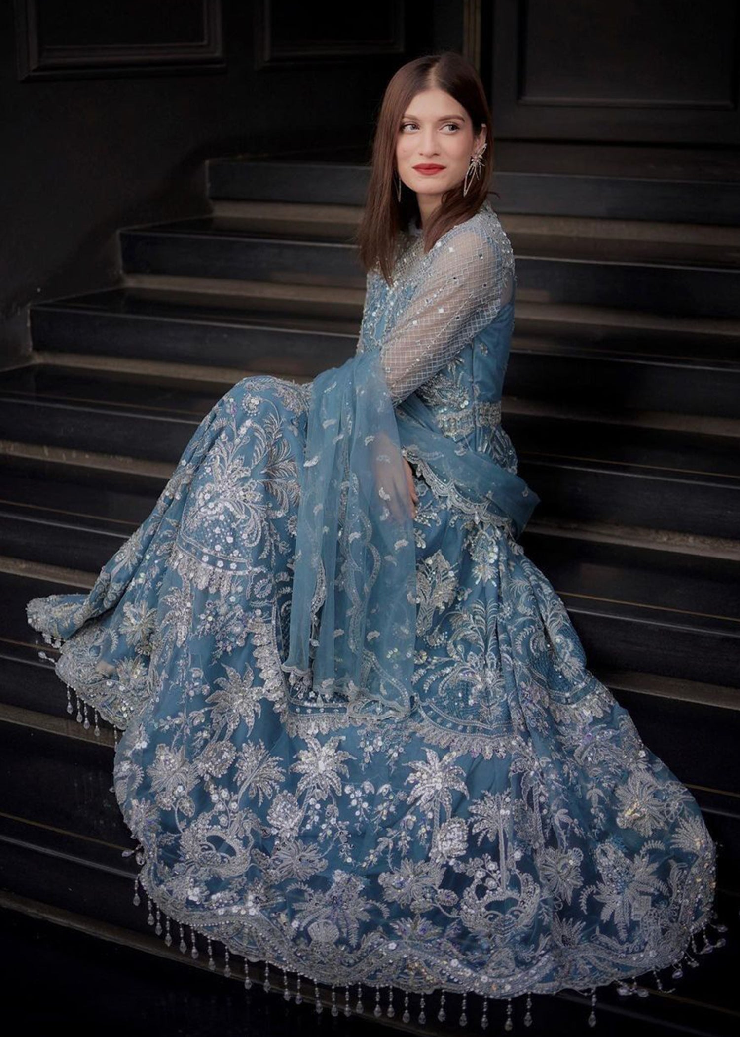 Teal Embroidered Net Formal Gown (2-Piece) - Image 3