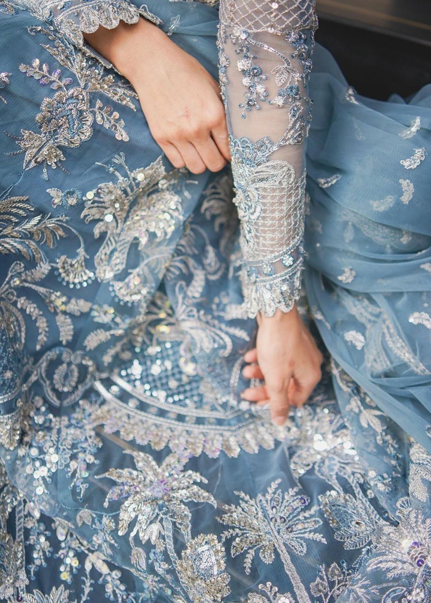 Teal Embroidered Net Formal Gown (2-Piece) - Image 5