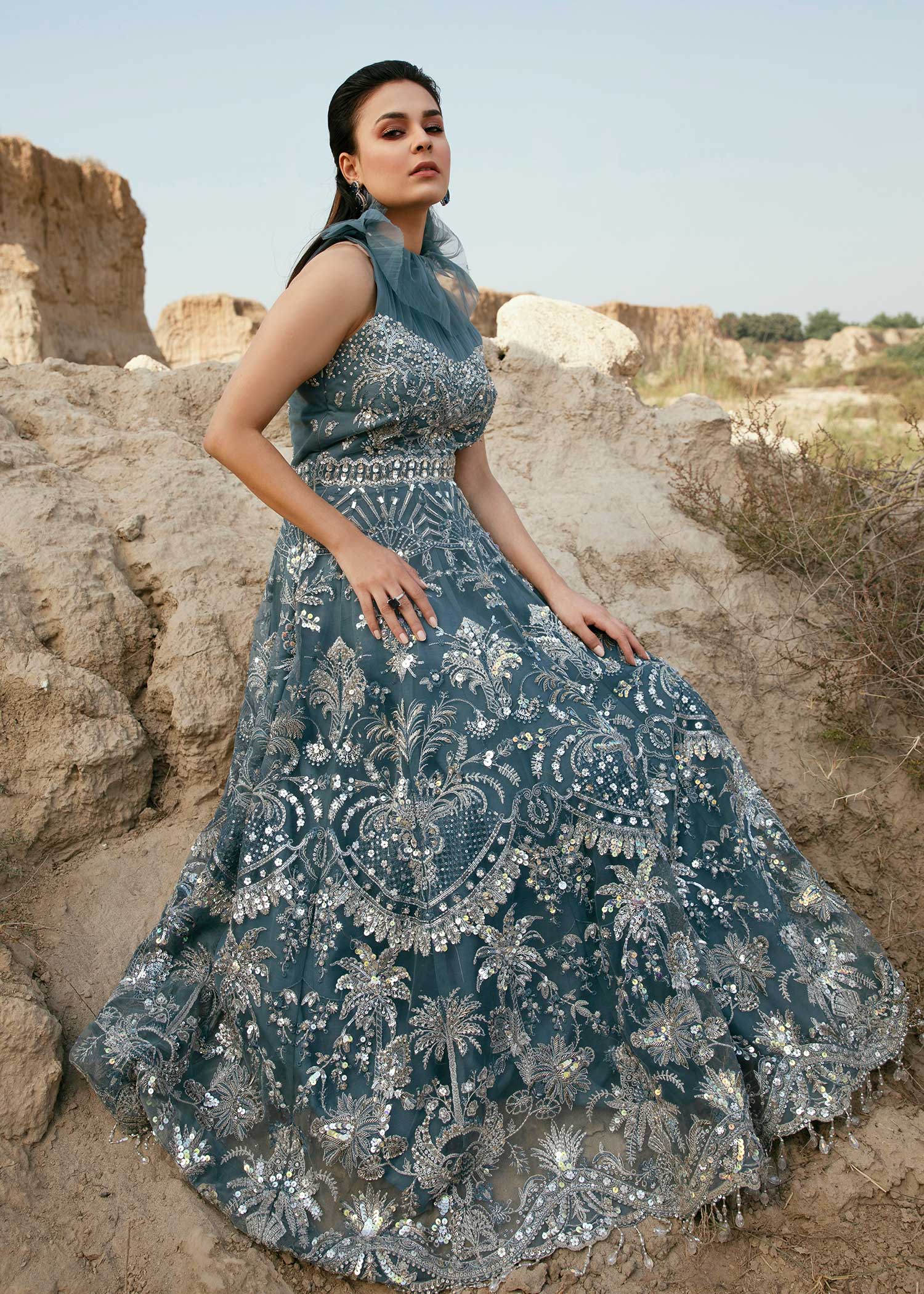 Teal Embroidered Net Formal Gown (2-Piece) - Image 6