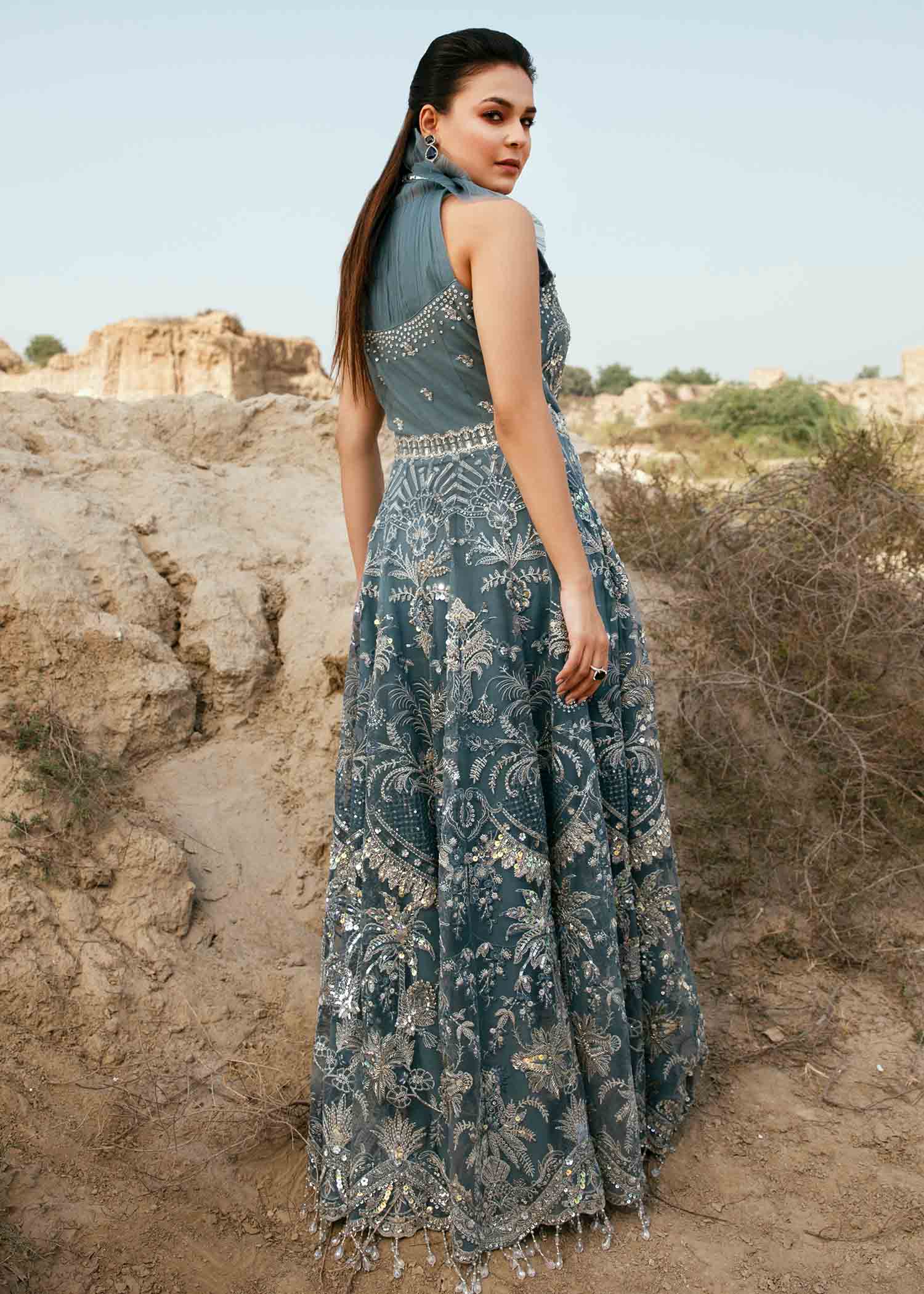 Teal Embroidered Net Formal Gown (2-Piece) - Image 8