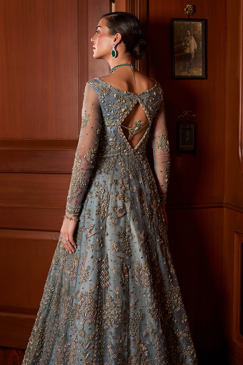 Pakistani Teal Blue Embroidered Net Bridal Gown (2-Piece) - Image 10