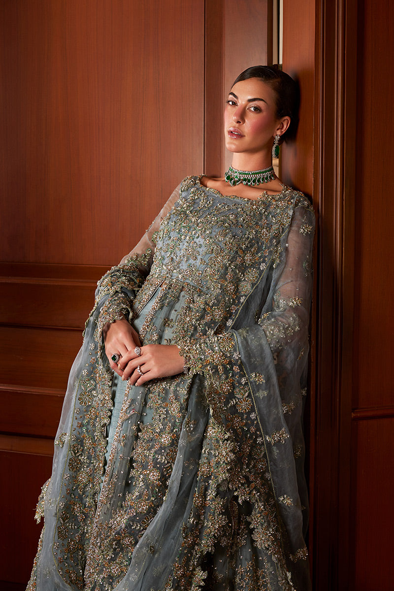 Pakistani Teal Blue Embroidered Net Bridal Gown (2-Piece) - Image 4