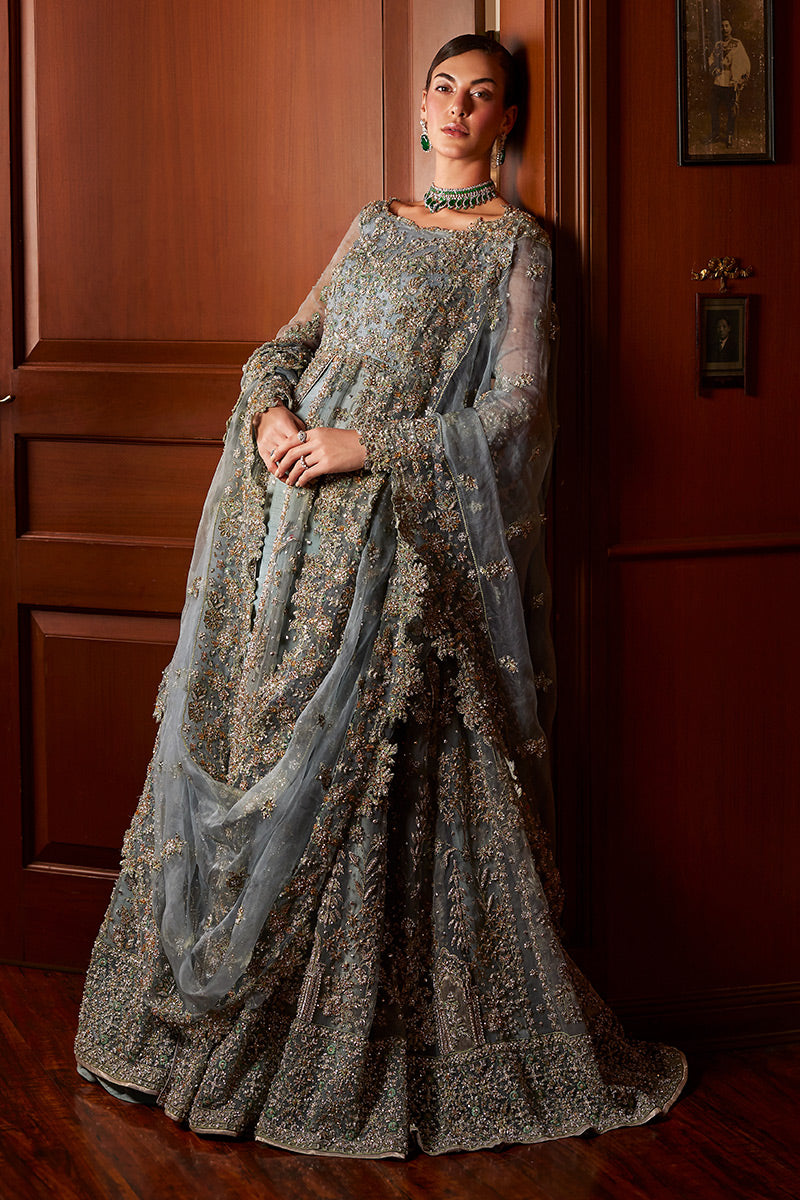 Pakistani Teal Blue Embroidered Net Bridal Gown (2-Piece) - Image 5