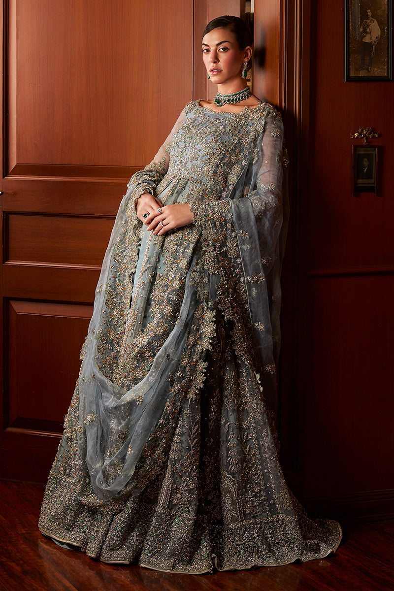 Pakistani Teal Blue Embroidered Net Bridal Gown (2-Piece) - Image 6
