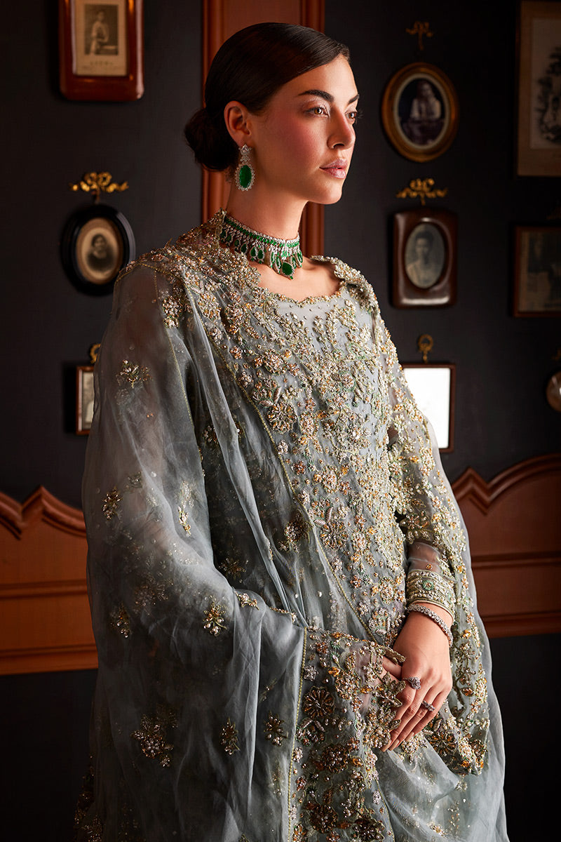 Pakistani Teal Blue Embroidered Net Bridal Gown (2-Piece) - Image 7