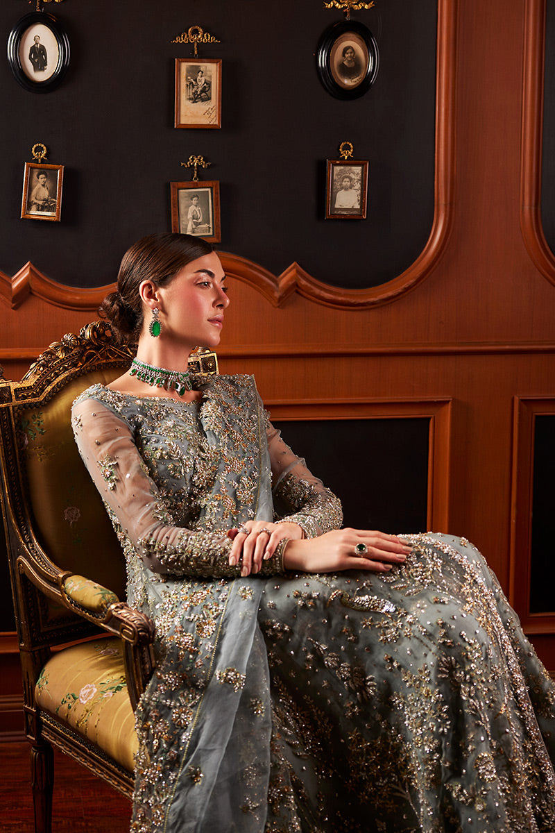 Pakistani Teal Blue Embroidered Net Bridal Gown (2-Piece) - Image 8