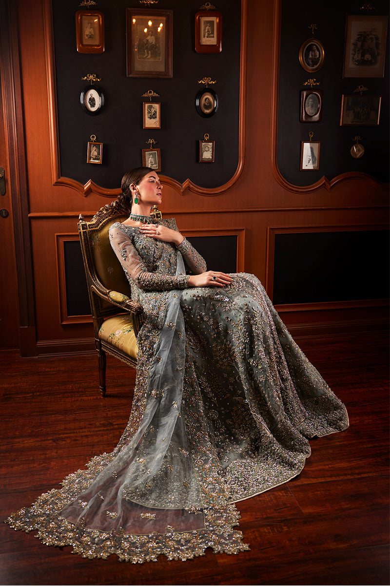 Pakistani Teal Blue Embroidered Net Bridal Gown (2-Piece) - Image 9