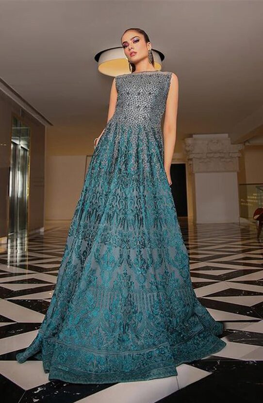 Pakistani Teal Embroidered Organza Gown (1-Pc) - Image 3