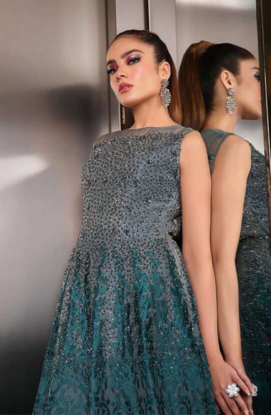 Pakistani Teal Embroidered Organza Gown (1-Pc) - Image 4