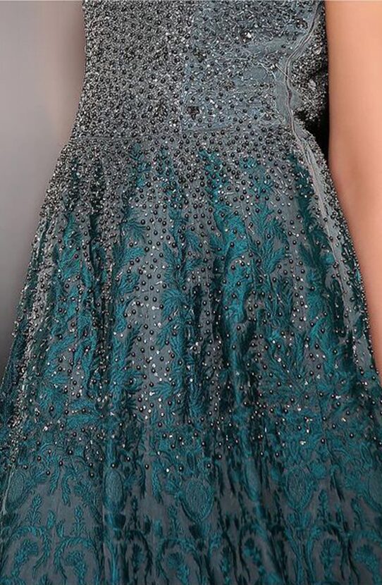 Pakistani Teal Embroidered Organza Gown (1-Pc) - Image 5