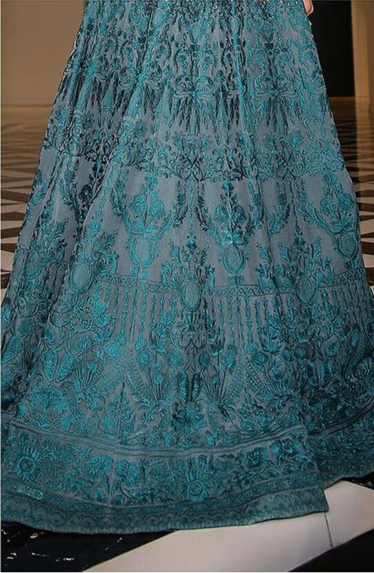 Pakistani Teal Embroidered Organza Gown (1-Pc) - Image 6