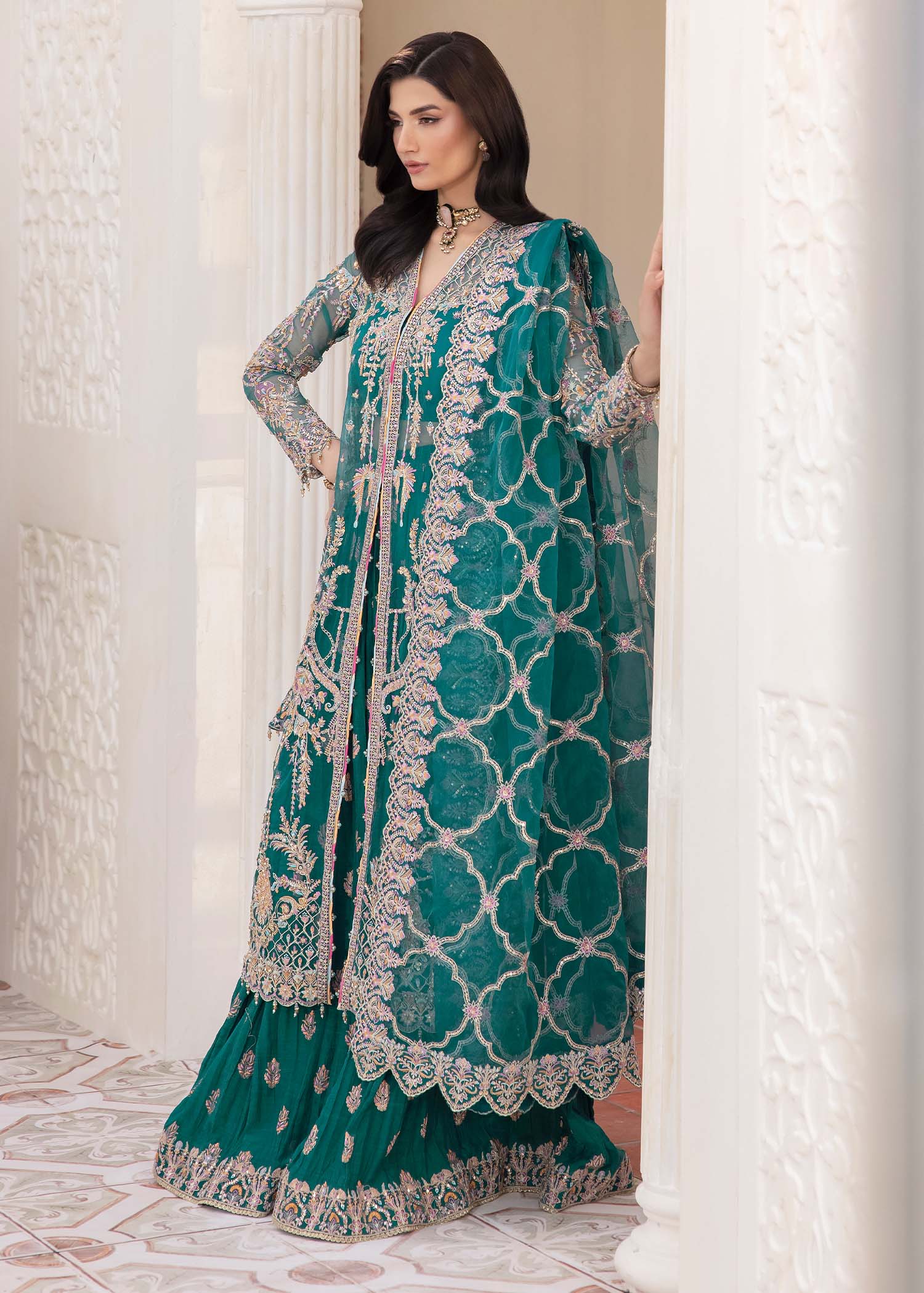 Teal Embroidered Synthetic Organza Gown (3-Piece) - Image 7