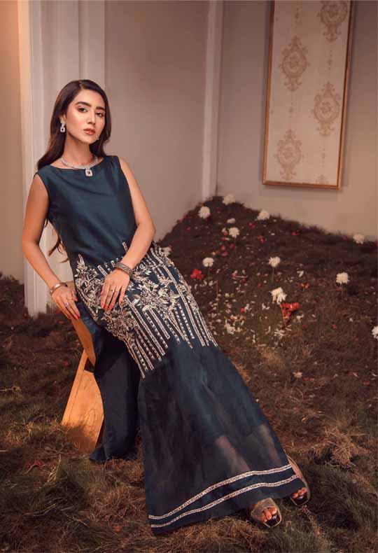 Teal Blue Hand Embellished Raw Silk & Khatan Gown (1-Pc) - Image 1