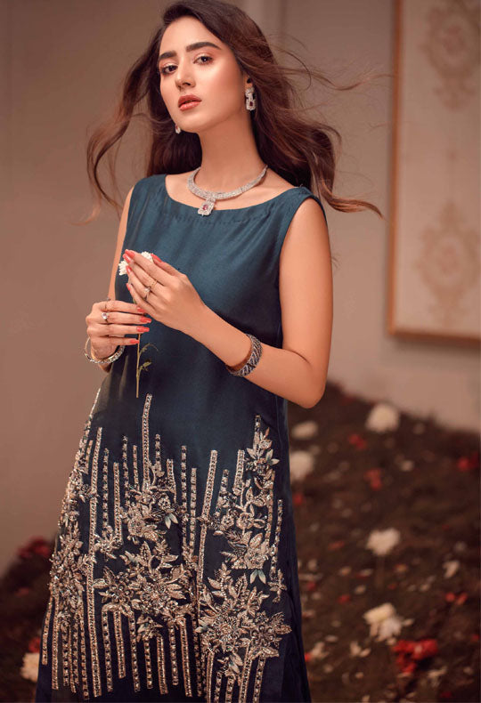 Teal Blue Hand Embellished Raw Silk & Khatan Gown (1-Pc) - Image 2