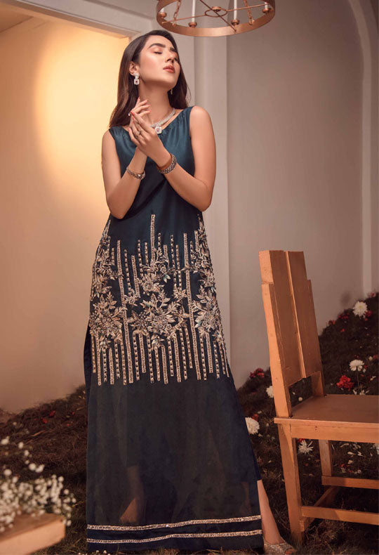 Teal Blue Hand Embellished Raw Silk & Khatan Gown (1-Pc) - Image 3