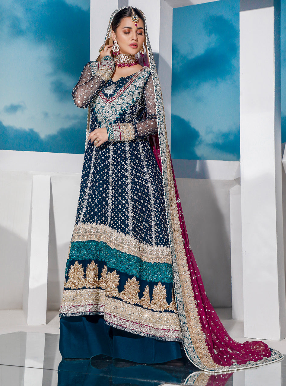 Teal Embellished Net & Raw Silk Bridal Gown (2-Piece) - Image 1