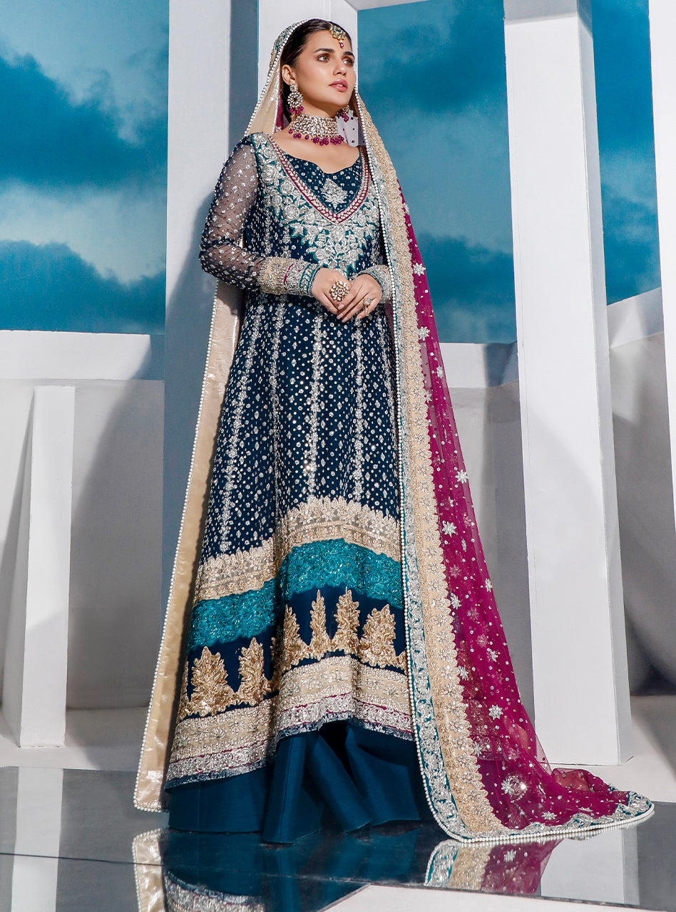 Teal Embellished Net & Raw Silk Bridal Gown (2-Piece) - Image 3