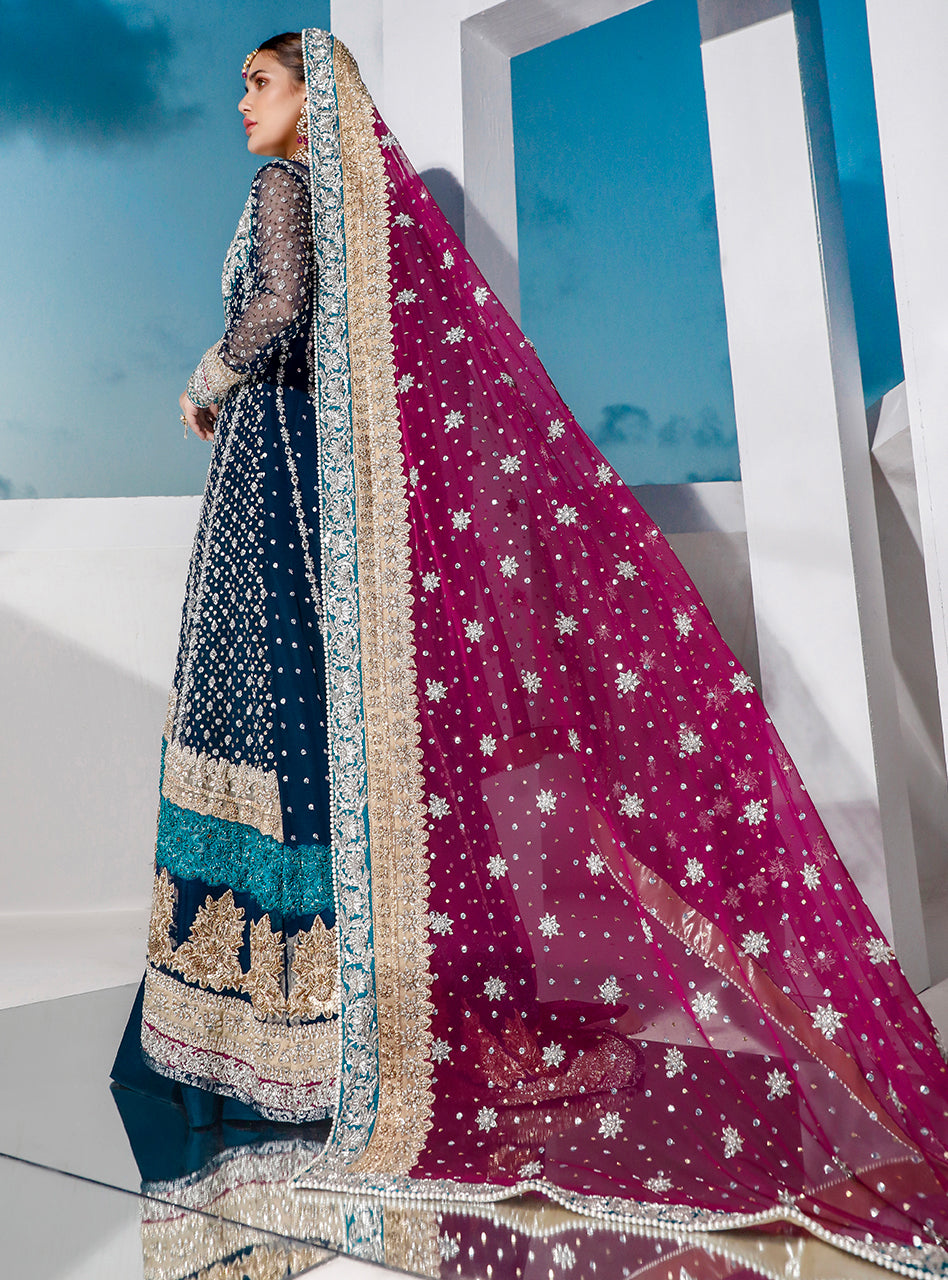 Teal Embellished Net & Raw Silk Bridal Gown (2-Piece) - Image 4