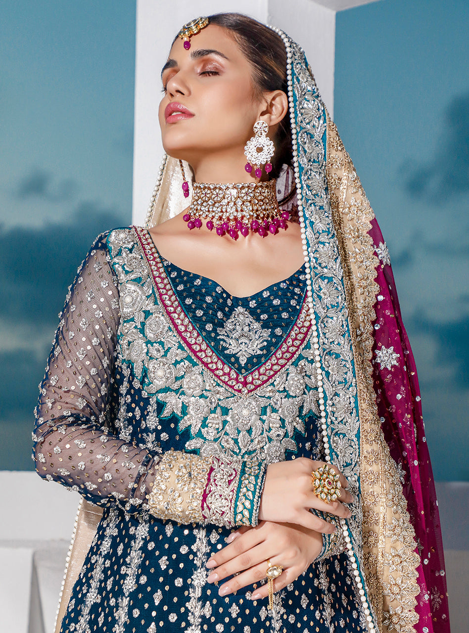 Teal Embellished Net & Raw Silk Bridal Gown (2-Piece) - Image 5