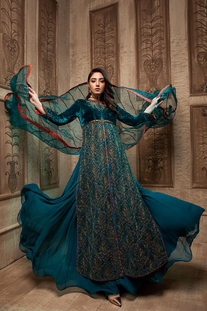 Pakistani Teal 3D Zari Velvet Gown (2-Piece) - Image 1