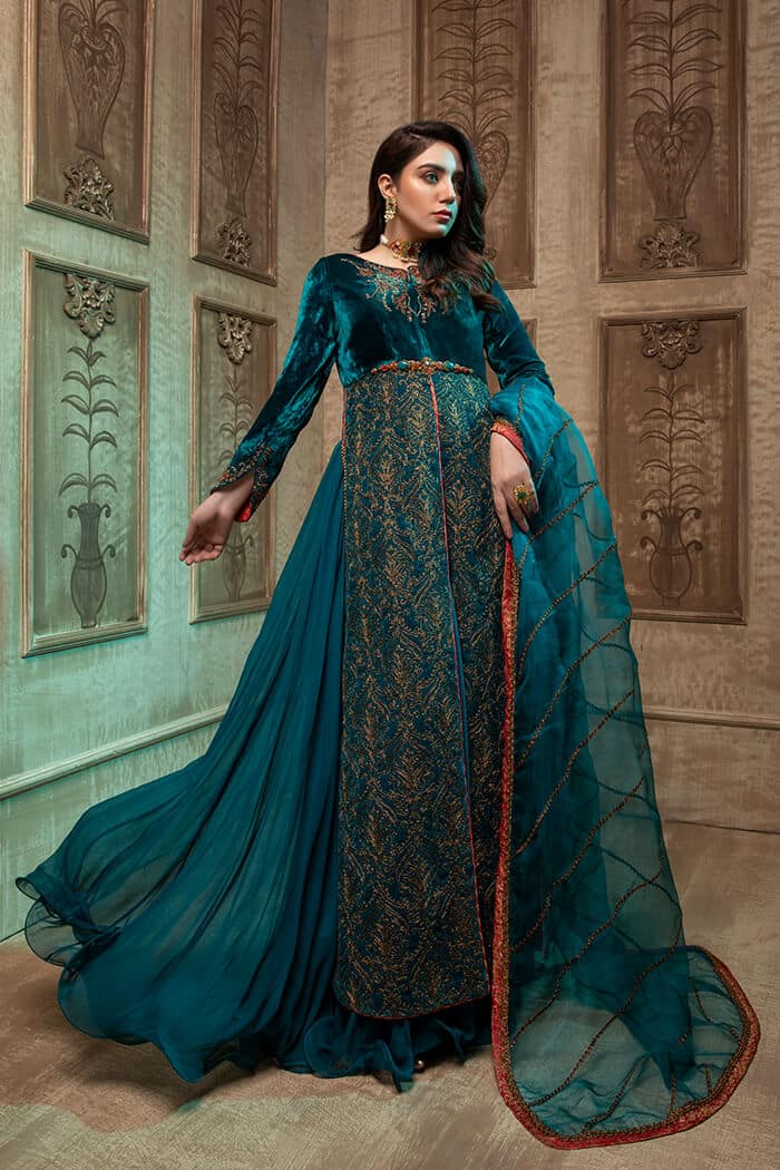 Pakistani Teal 3D Zari Velvet Gown (2-Piece) - Image 2
