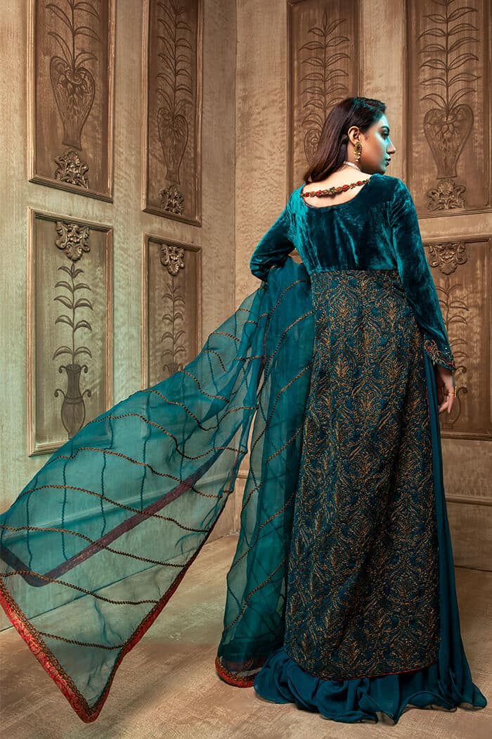 Pakistani Teal 3D Zari Velvet Gown (2-Piece) - Image 4