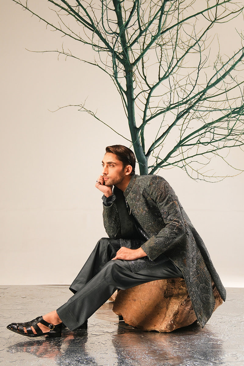 Teal Zardozi Hand-Embroidered Jacquard Sherwani (2-Piece) - Image 11