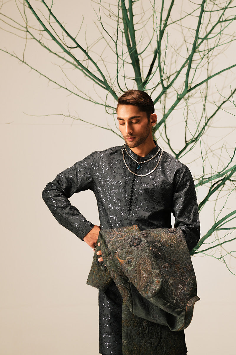 Teal Zardozi Hand-Embroidered Jacquard Sherwani (2-Piece) - Image 12