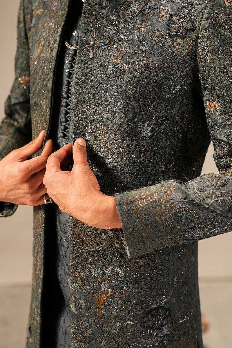 Teal Zardozi Hand-Embroidered Jacquard Sherwani (2-Piece) - Image 4