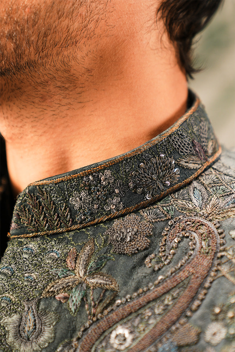 Teal Zardozi Hand-Embroidered Jacquard Sherwani (2-Piece) - Image 9