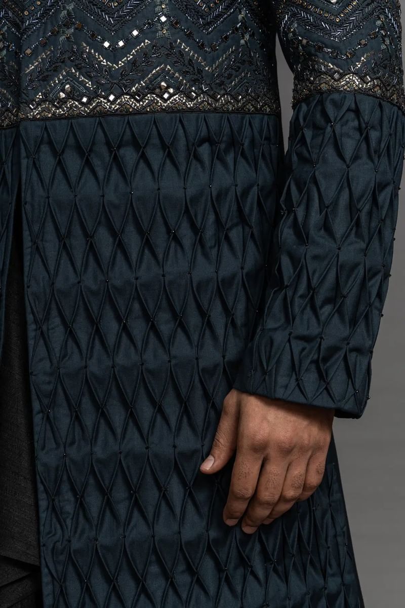 Dark Teal Embroidered Silk Indo-Western Sherwani (2-Piece) - Image 3