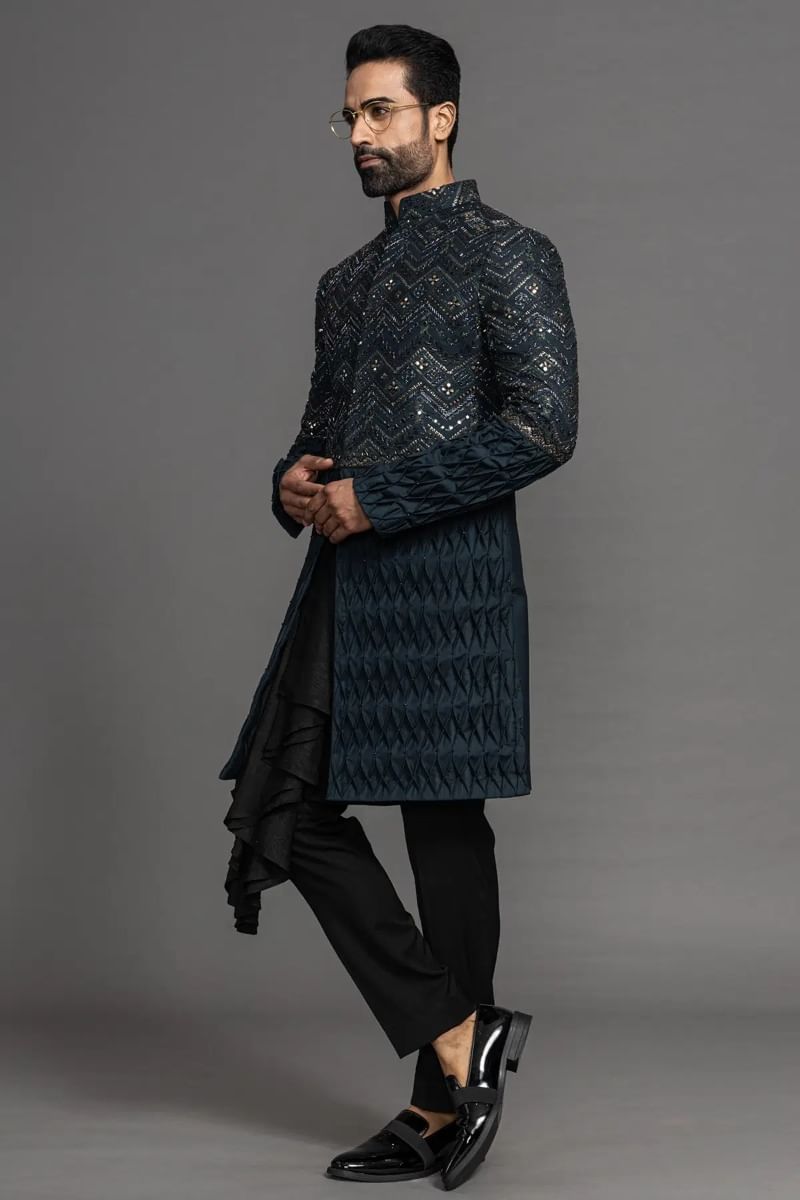 Dark Teal Embroidered Silk Indo-Western Sherwani (2-Piece) - Image 4