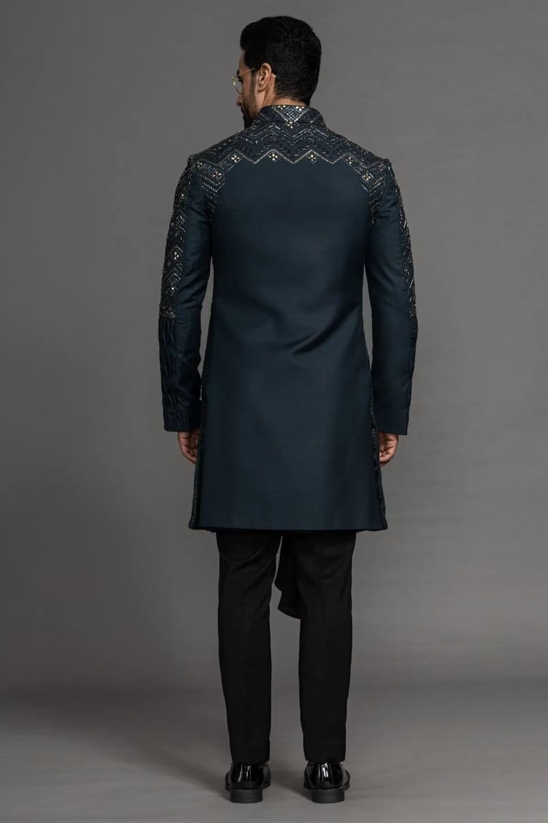 Dark Teal Embroidered Silk Indo-Western Sherwani (2-Piece) - Image 5