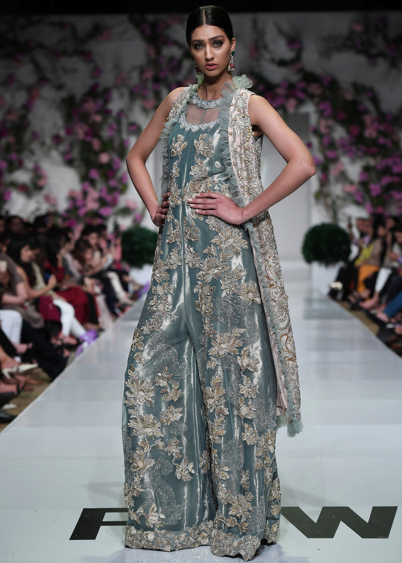 Teal Embroidered Tissue Jumpsuit with Long Jacket (2-Piece) - Image 3